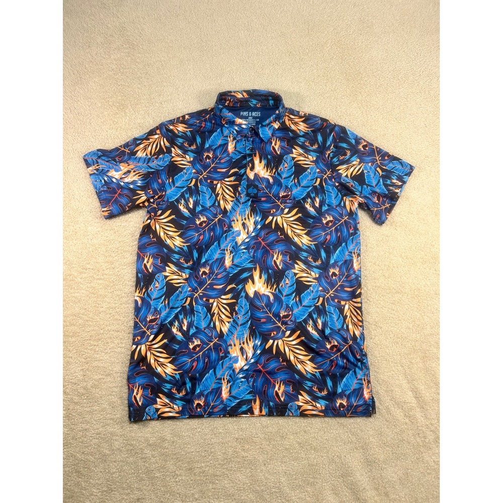PINS & ACES Mens L Blue Orange Flame Tropical Leaf‎ Button Up Shirt Golf Casual